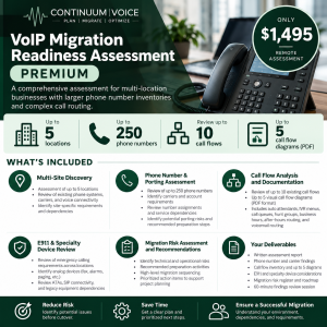 Continuum Voice Premium VoIP Migration Readiness Assessment covering 5 locations, 250 phone numbers, 10 call flows, and 5 call flow diagrams.